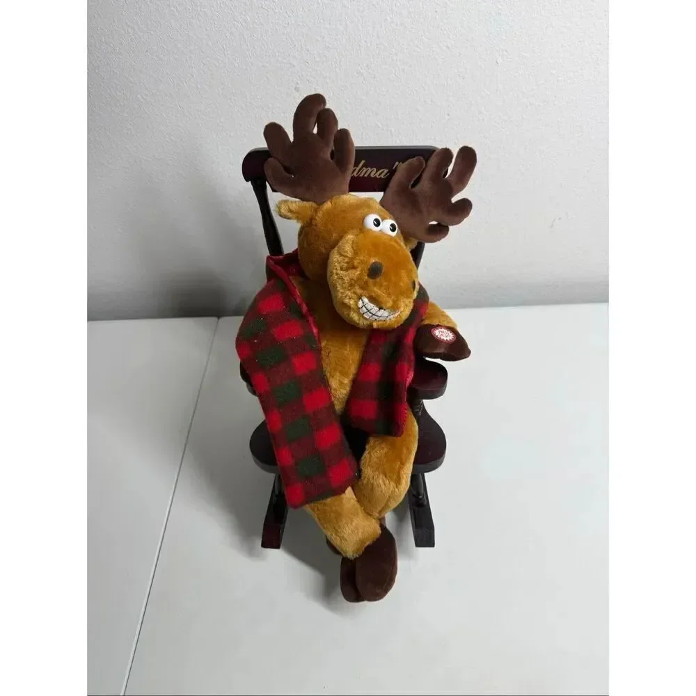 Dan Dee Animated Moose Plush in Grandma Wooden Rocking Chair Sings Christmas